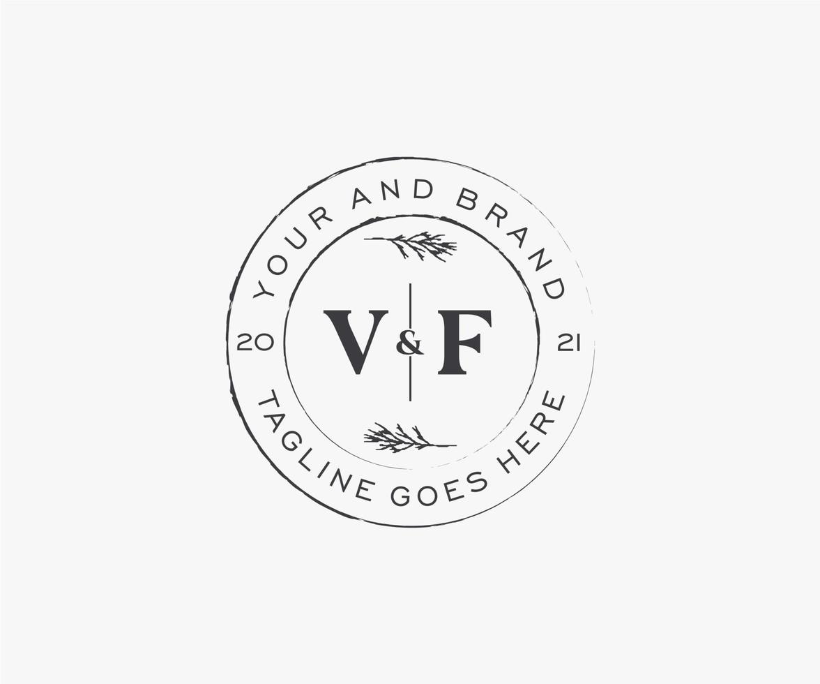 initial VF letters floral frames. Botanical feminine editable premade monoline unique decoration for greeting card, wedding invitation. vector