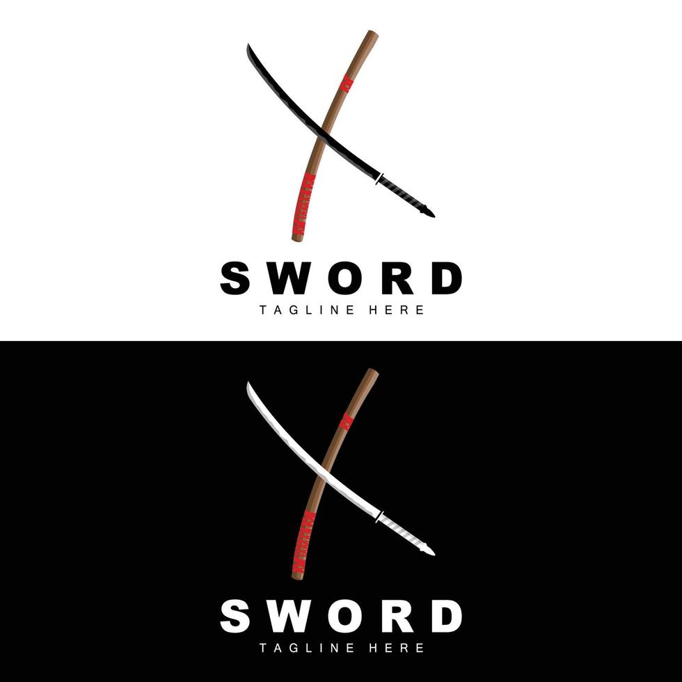 Sword Logo, Samurai Katana Monochrome Design, Vector War Weapon Cutting Tool Template Icon