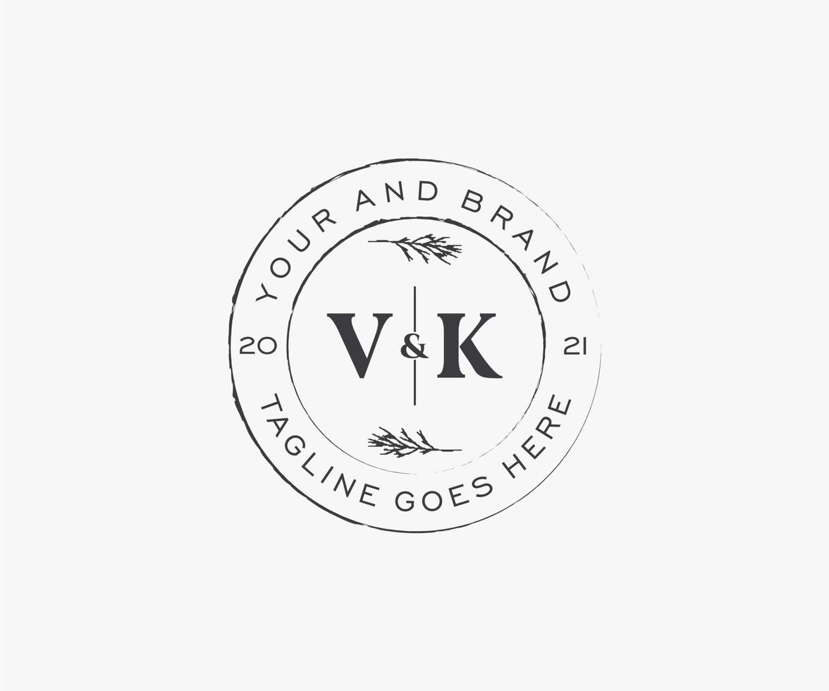 initial VK letters floral frames. Botanical feminine editable premade monoline unique decoration for greeting card, wedding invitation. vector
