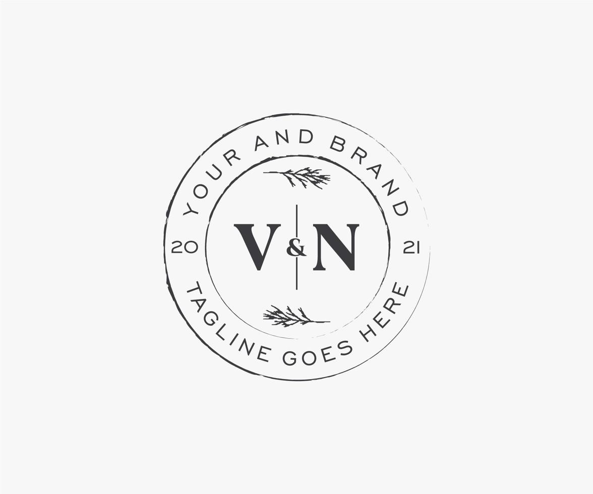 initial VN letters floral frames. Botanical feminine editable premade monoline unique decoration for greeting card, wedding invitation. vector