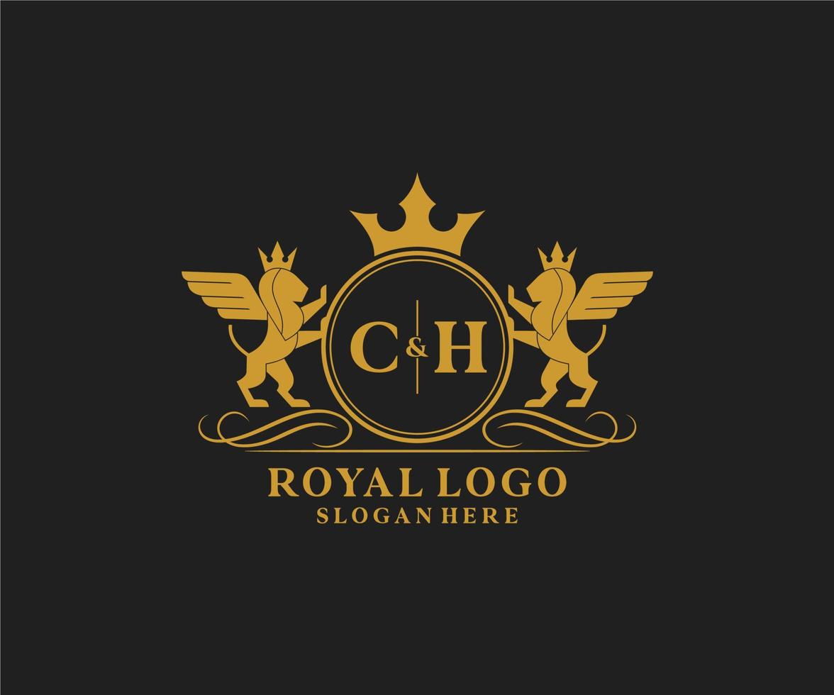 Initial CH Letter Lion Royal Luxury Heraldic,Crest Logo template in vector art for Restaurant, Royalty, Boutique, Cafe, Hotel, Heraldic, Jewelry, Fashion and other vector illustration.