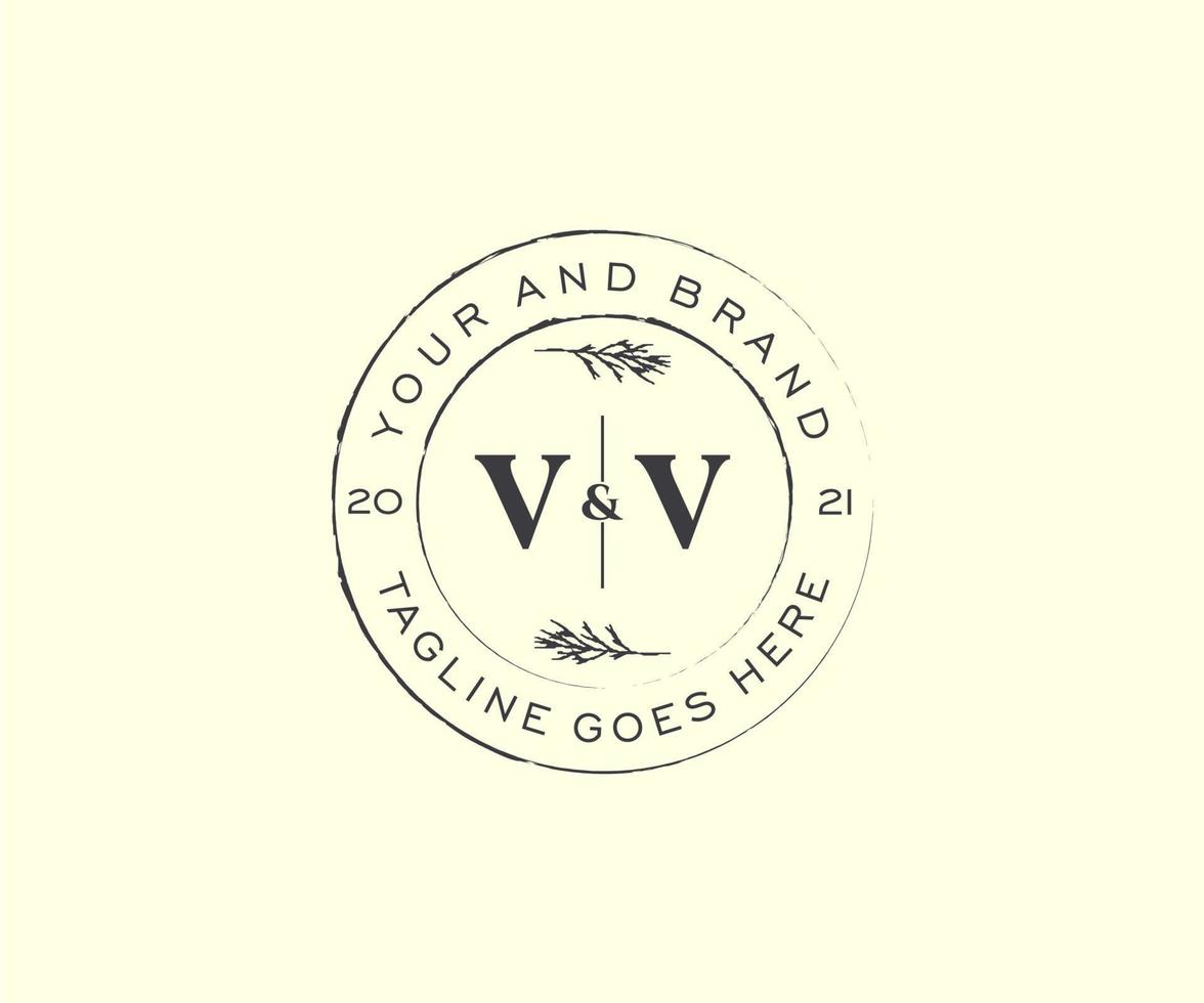 initial VV letters floral frames. Botanical feminine editable premade monoline unique decoration for greeting card, wedding invitation. vector