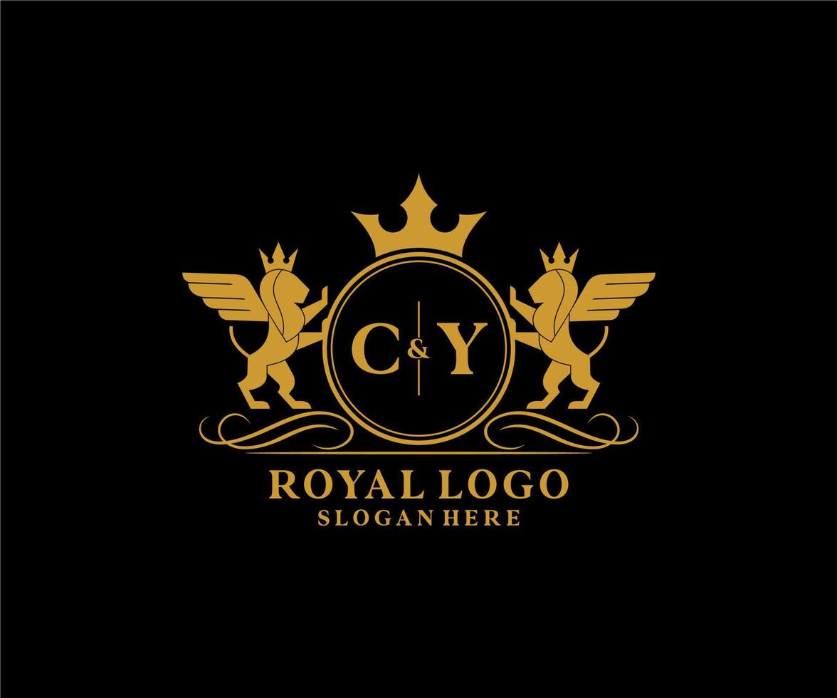 Initial CY Letter Lion Royal Luxury Heraldic,Crest Logo template in vector art for Restaurant, Royalty, Boutique, Cafe, Hotel, Heraldic, Jewelry, Fashion and other vector illustration.