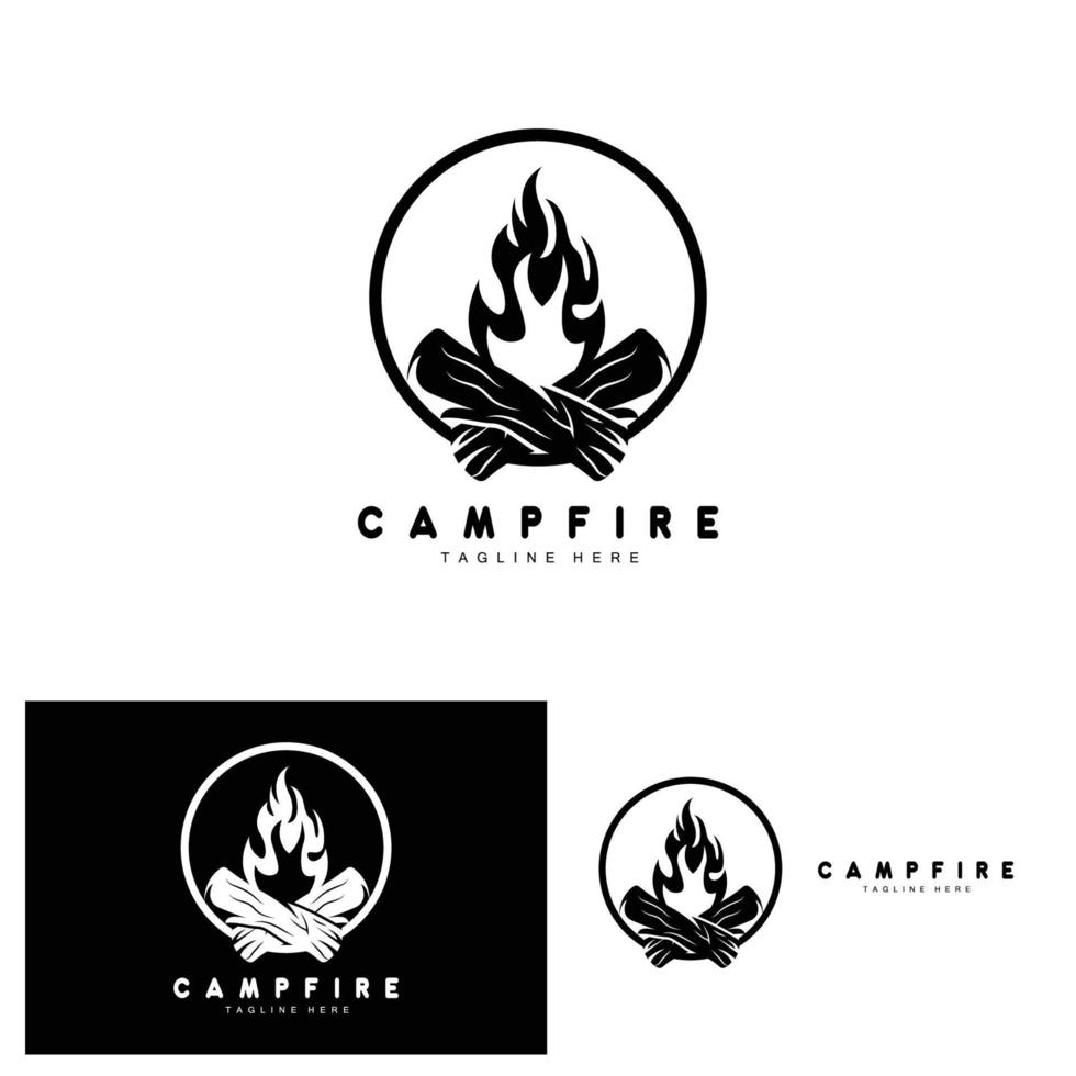 diseño de logotipo de fogata, vector de camping, fuego de madera y diseño forestal