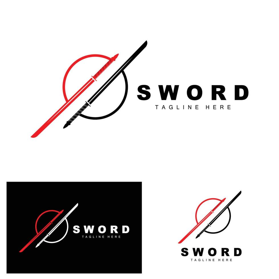 Sword Logo, Samurai Katana Monochrome Design, Vector War Weapon Cutting Tool Template Icon