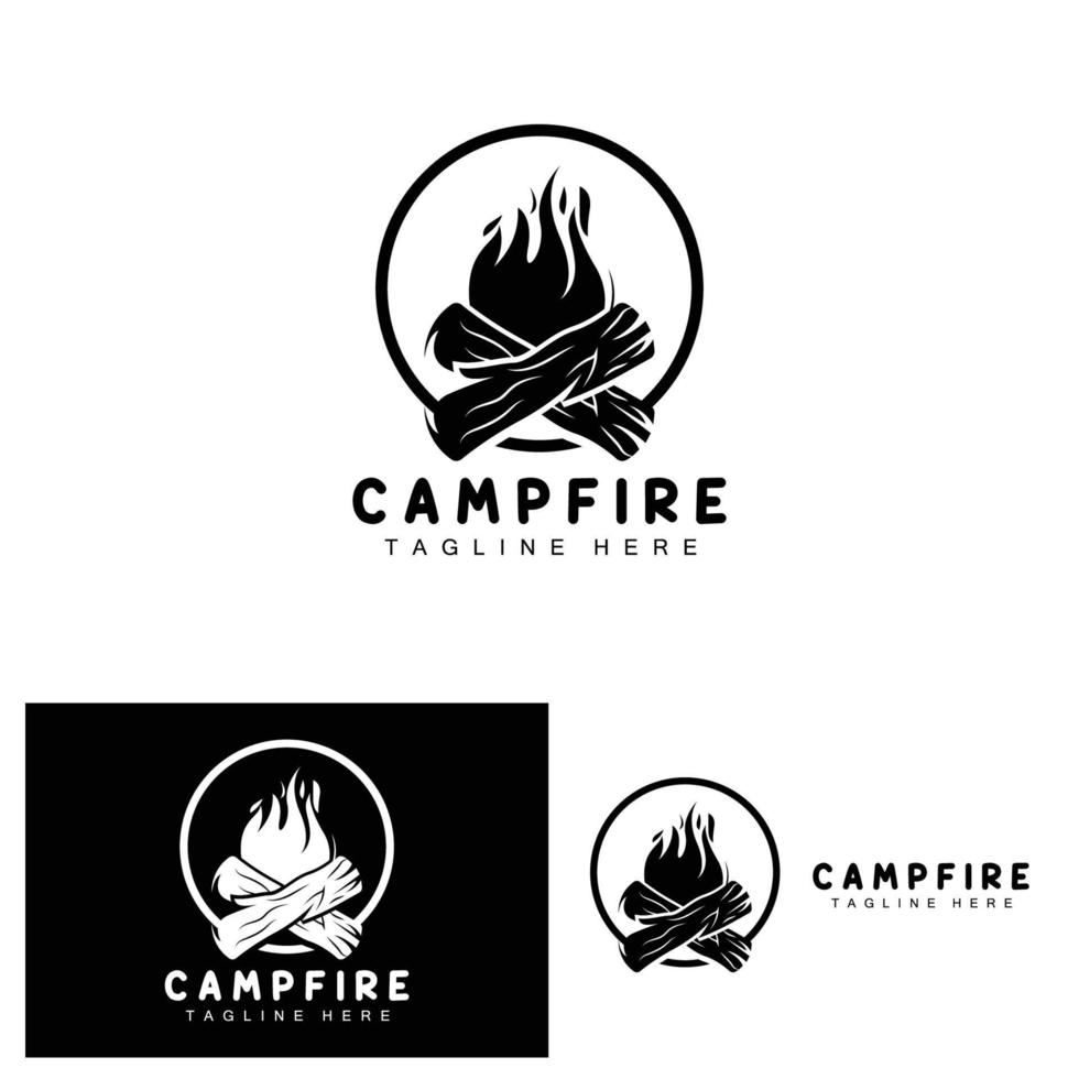 diseño de logotipo de fogata, vector de camping, fuego de madera y diseño forestal