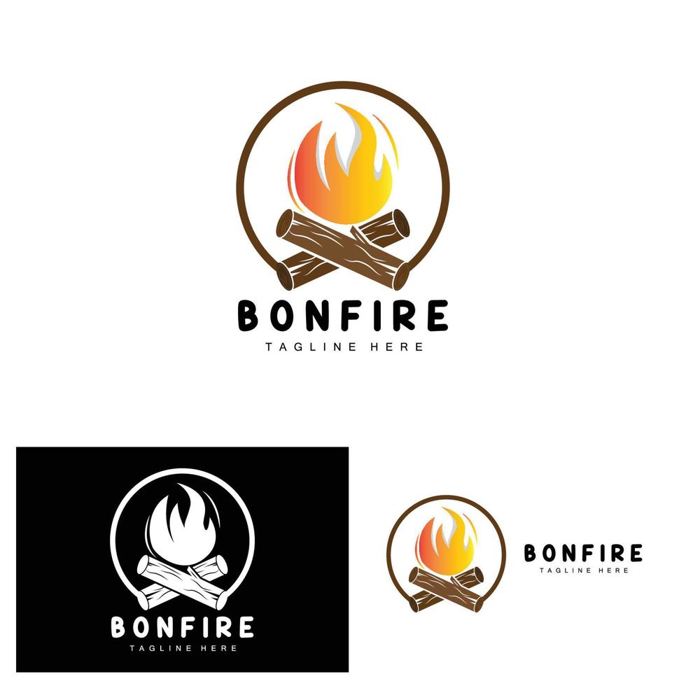 diseño de logotipo de fogata, vector de camping, fuego de madera y diseño forestal