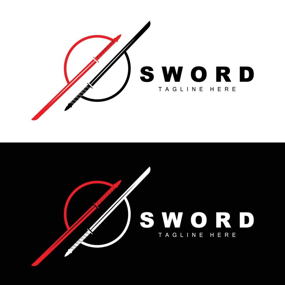 Sword Logo, Samurai Katana Monochrome Design, Vector War Weapon Cutting Tool Template Icon