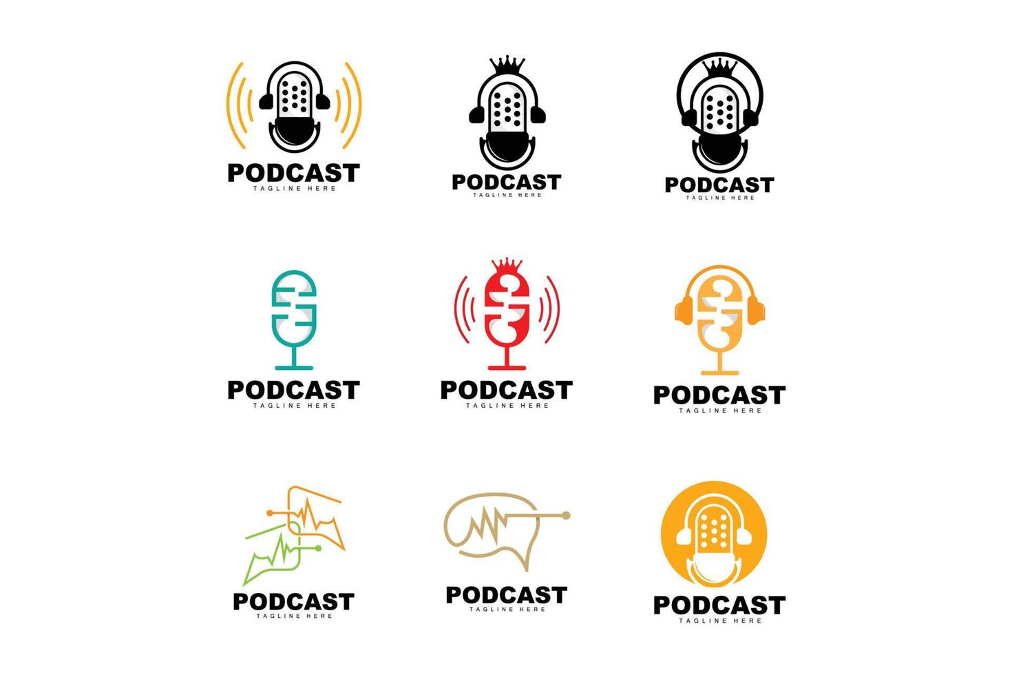 logotipo de podcast, vector, auriculares y chat, diseño de micrófono vintage simple vector