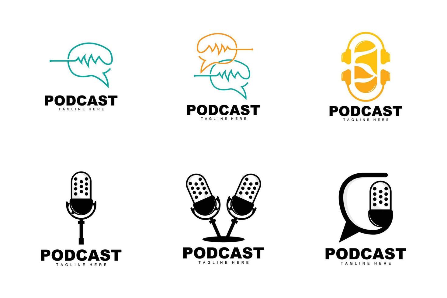 logotipo de podcast, vector, auriculares y chat, diseño de micrófono vintage simple vector