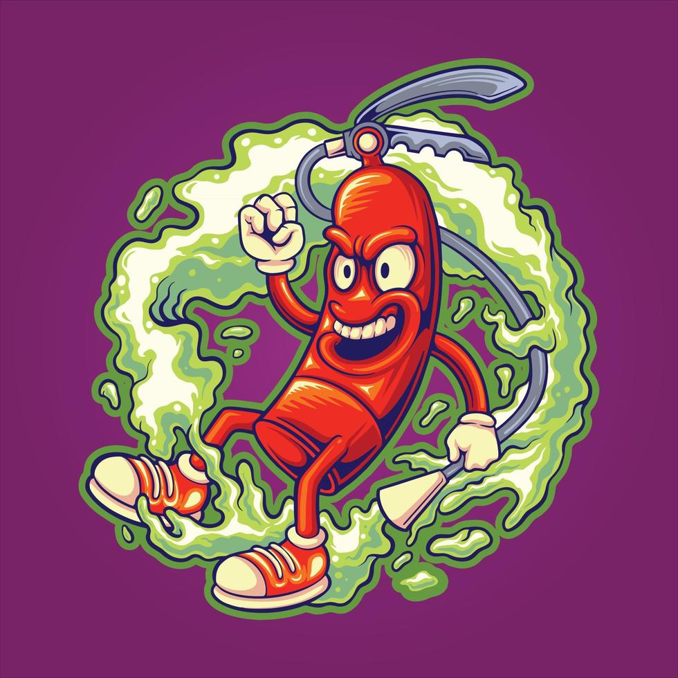 Scary angry fire extinguisher with smoke effect logo cartoon illustrations vector
