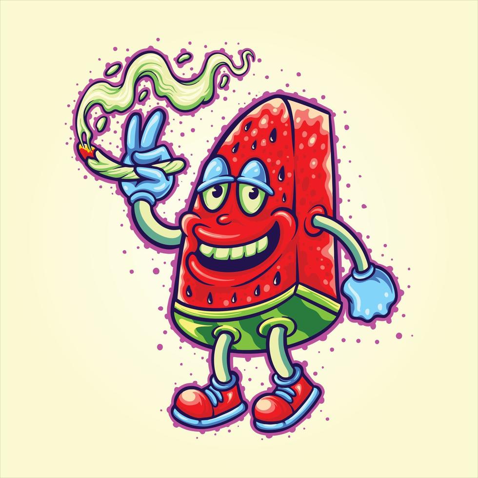 Funny smoking marijuana bud watermelon fruit logo illustrations vector