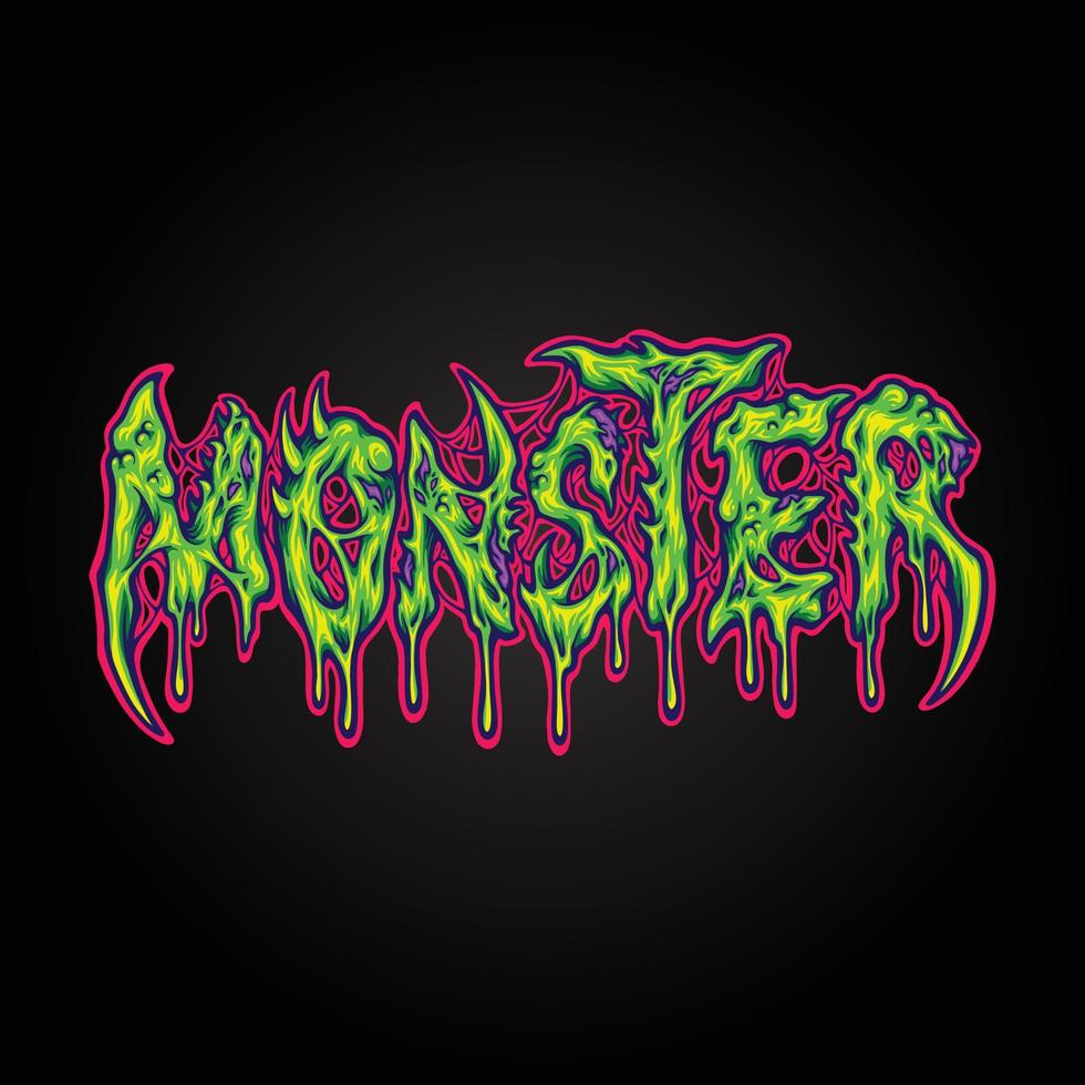 Scary melting monster text hand lettering words illustrations vector