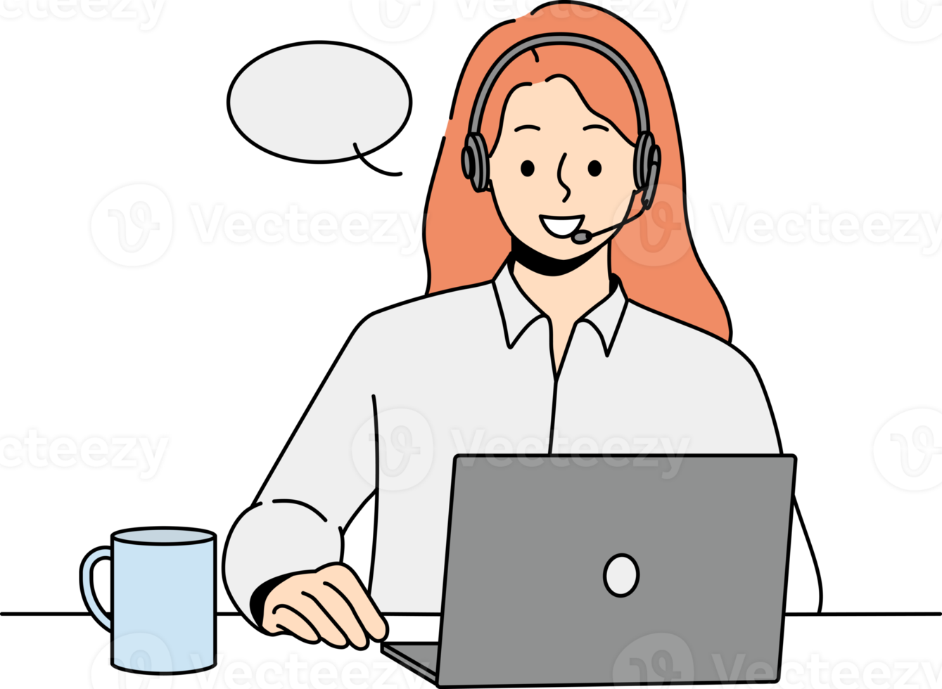 Smiling woman in headset talk on laptop png