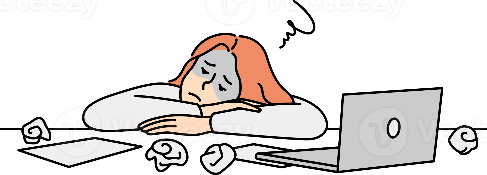 Tired woman employee lying on desk png