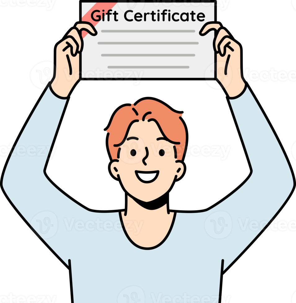 Smiling young man with gift certificate in hands png