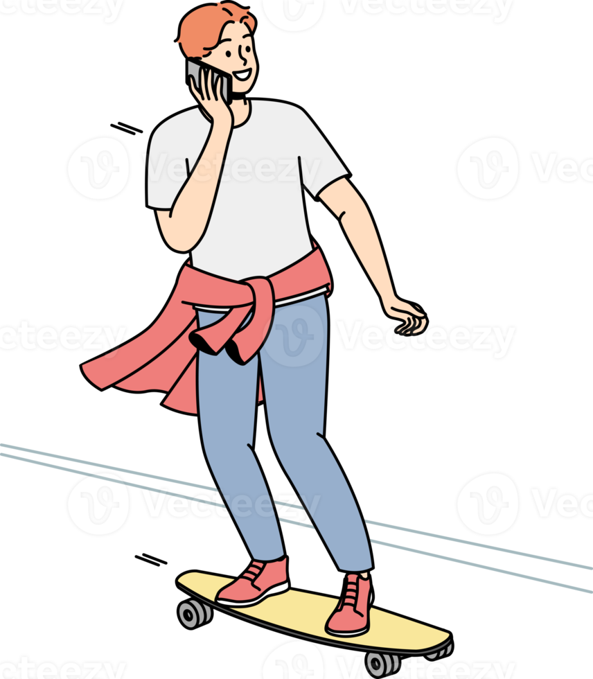 Guy is rolling on skateboard down street, talking on cellphone. png