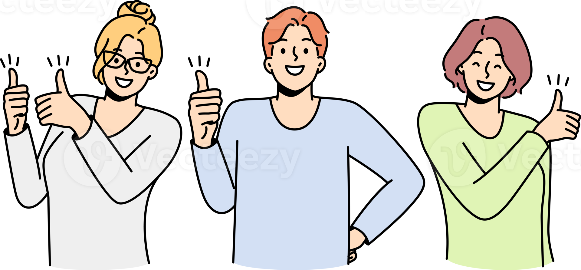 Young man, women show thumbs up, like hand gesture. png