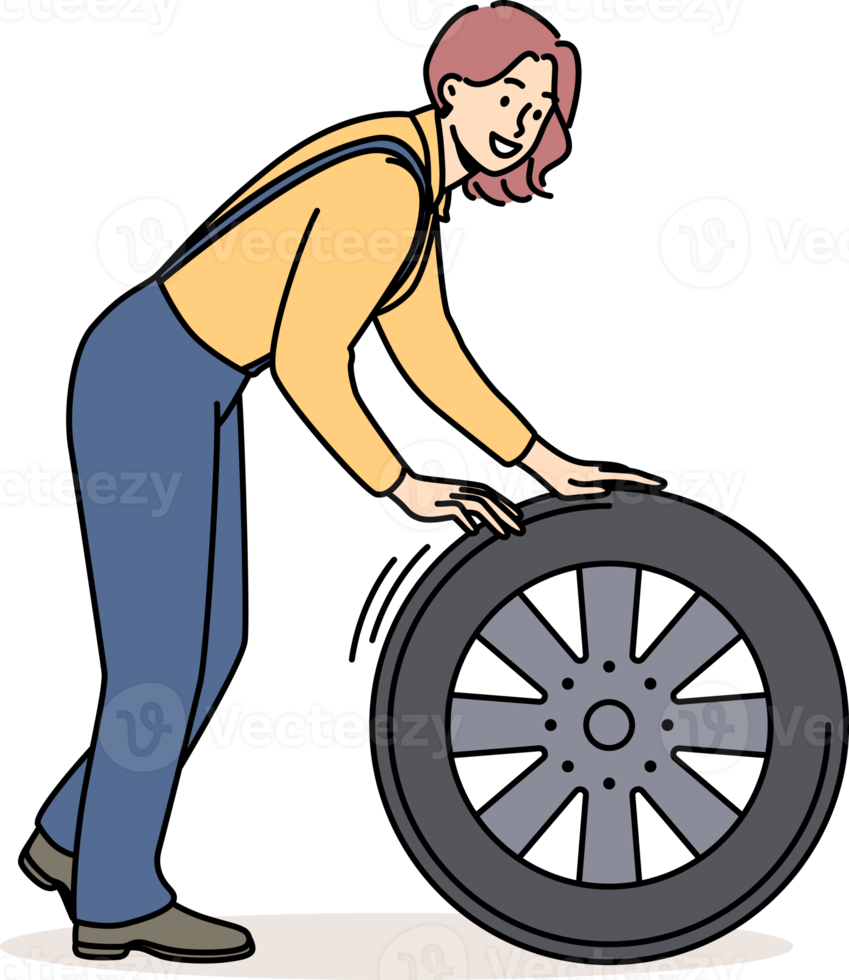Smiling female mechanic with tire png