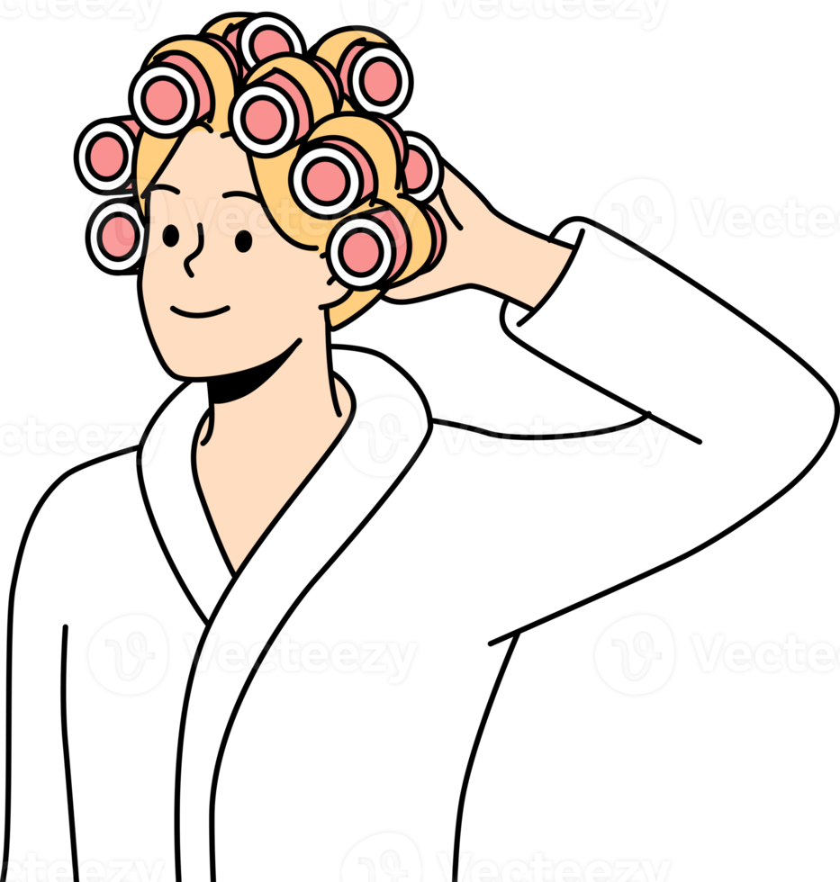 Smiling woman with curlers on head png