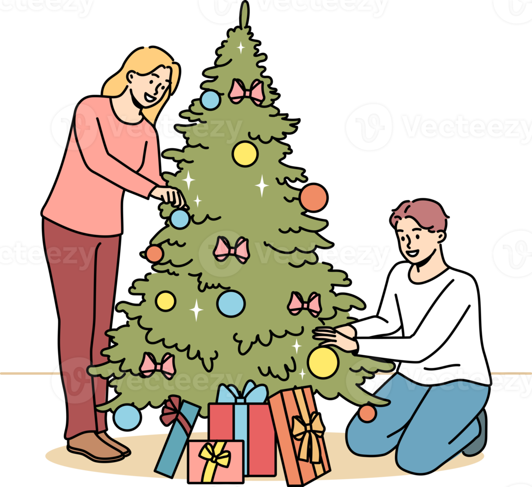 Happy couple decorate Christmas tree png
