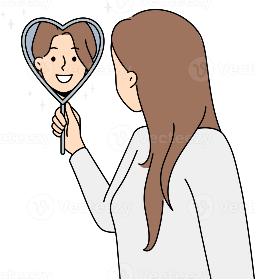Happy woman look in heart shaped mirror png