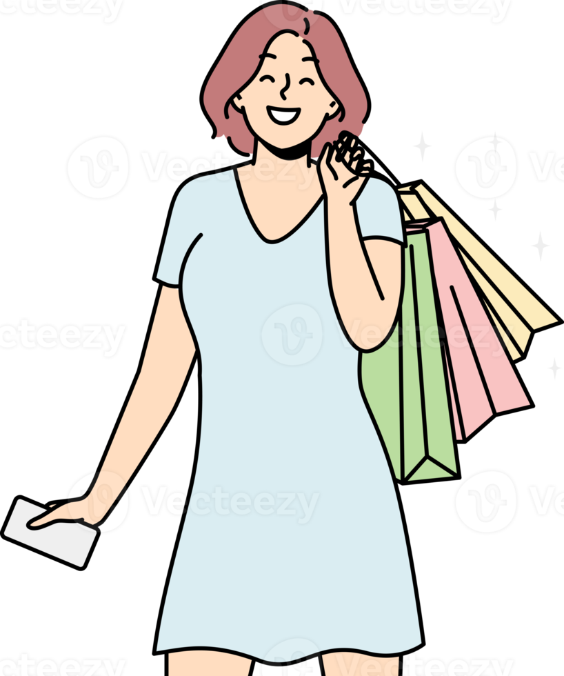 Smiling woman with bags excited with shopping png