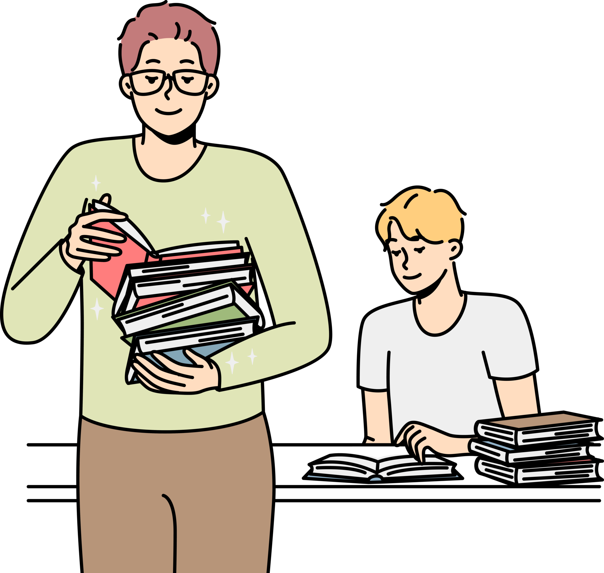 Free Two men sitting and standing with piles of books in library