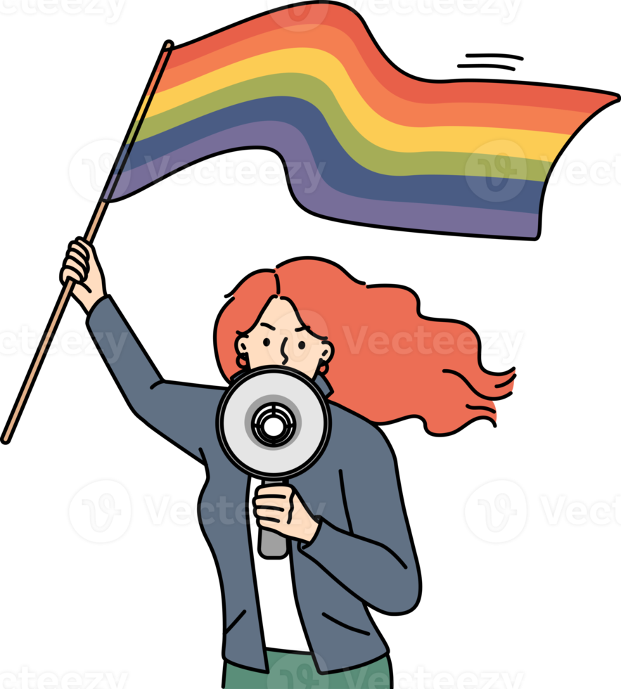 Woman with LGBTQ flag shout in megaphone png