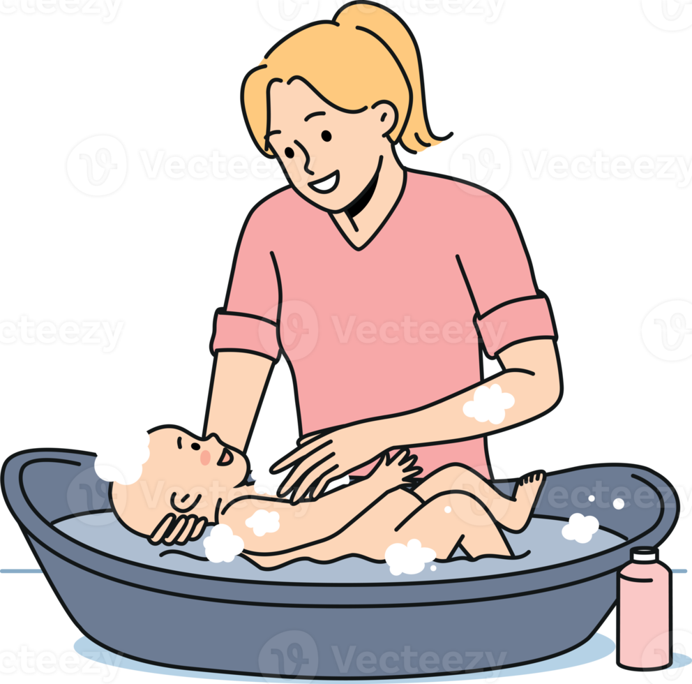 Smiling mother washing newborn baby png