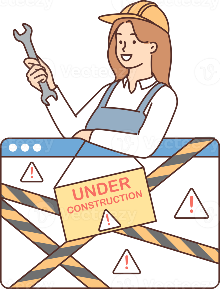 Repairman woman with wrench near under construction sign for 404 page of website or app png