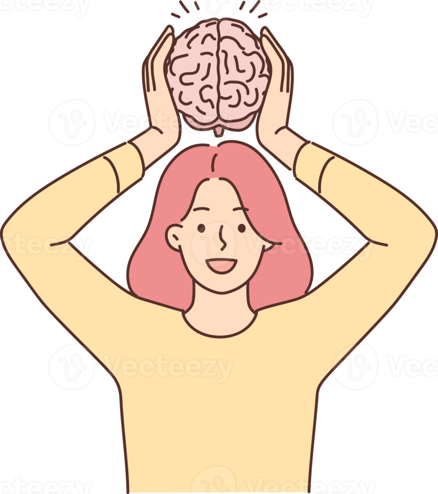 Smiling woman hold brain model png