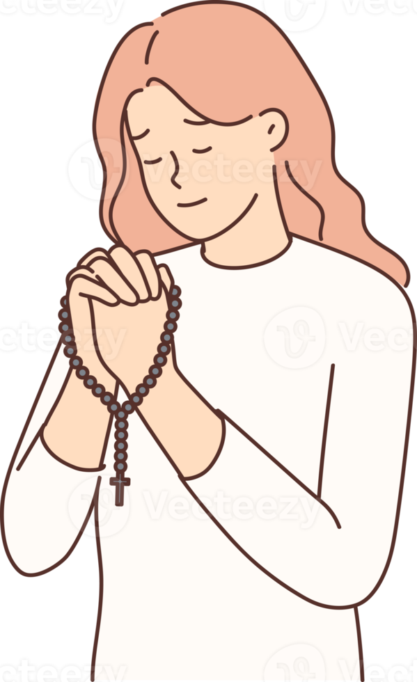 religiös Frau beten mit Rosenkranz png