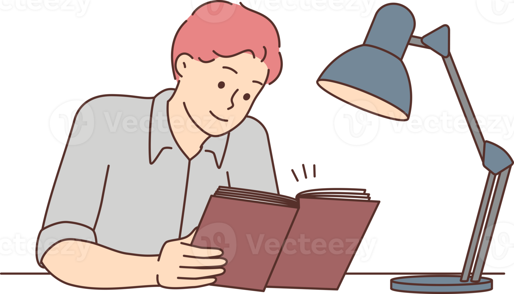 Young man sit at desk reading book png