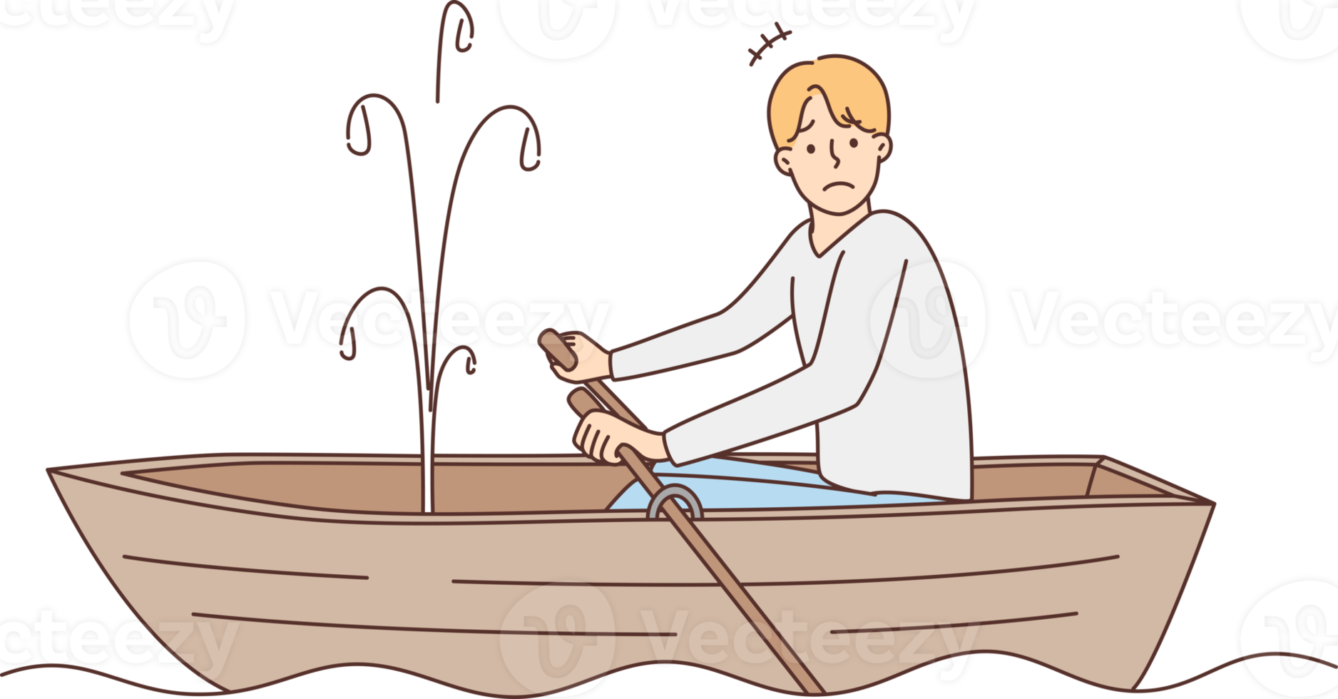 Stressed man sailing in boat with leakage png