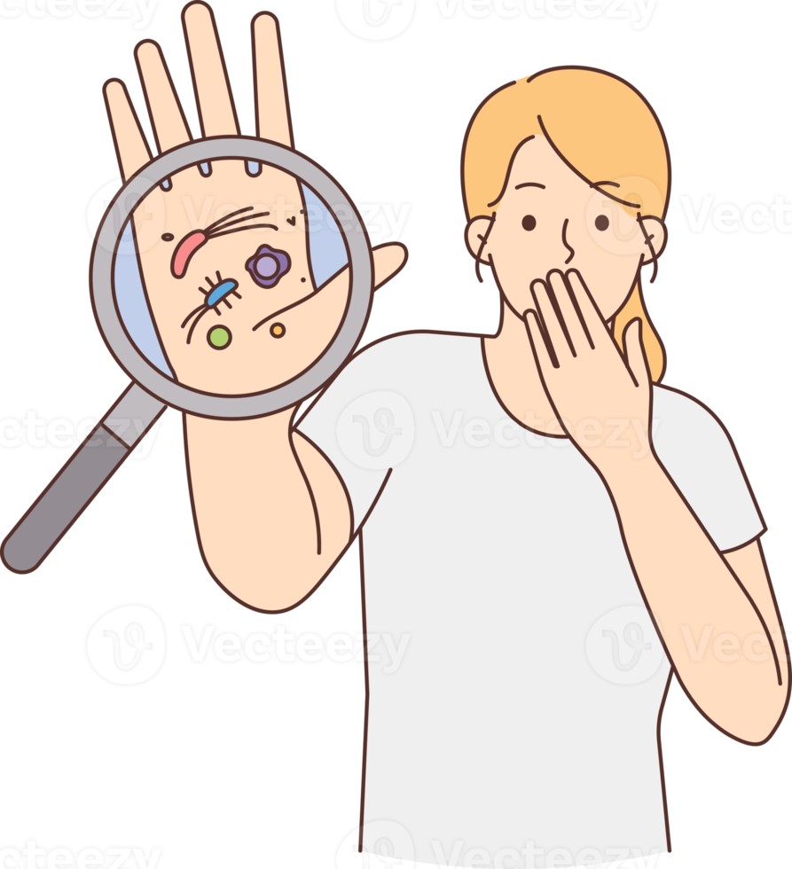 Stressed woman show bacteria under magnifier png