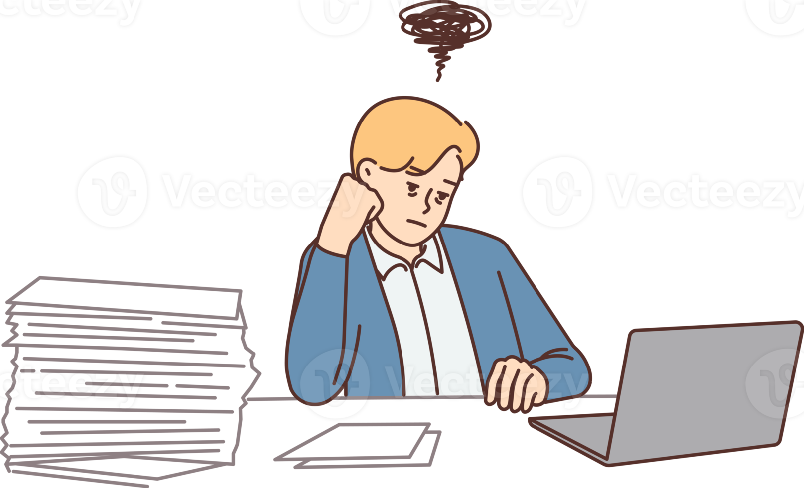 Distressed businessman overwhelmed with office work png