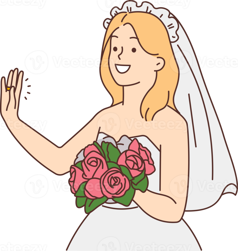 Smiling bride with bouquet in hands png