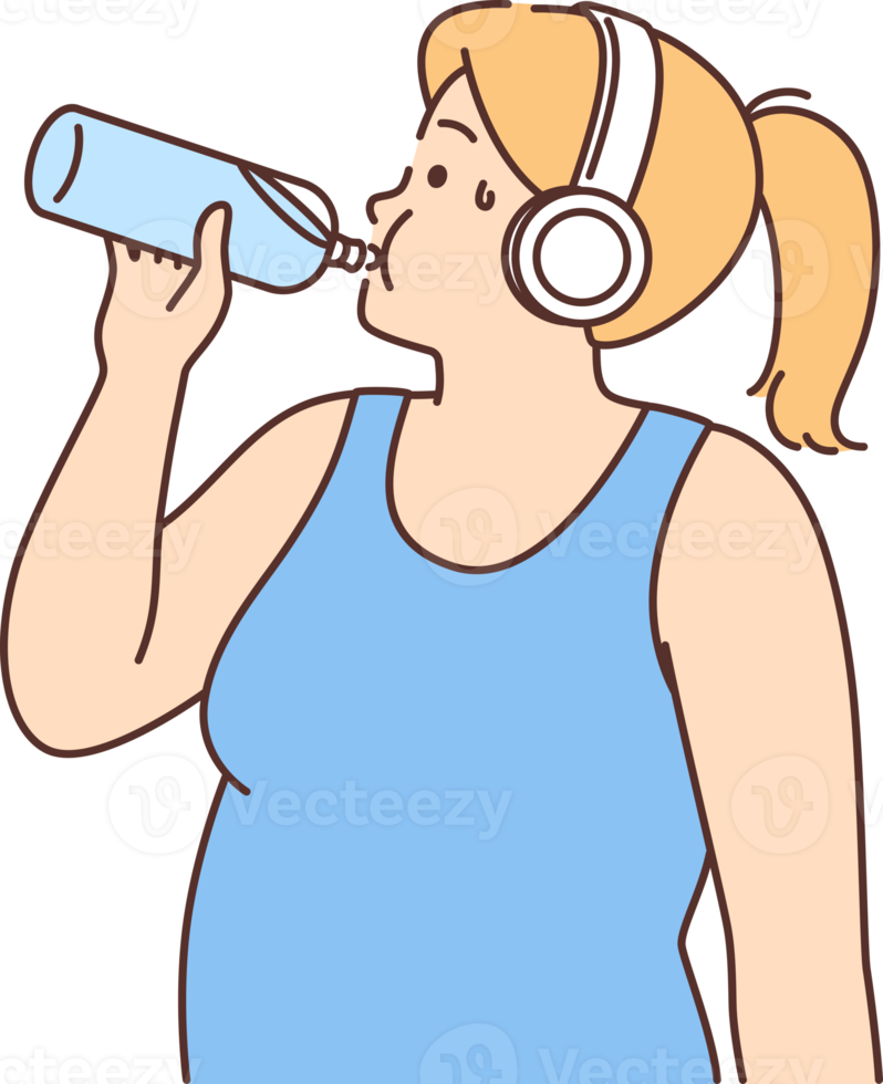 Overweight woman in headphones drink water png