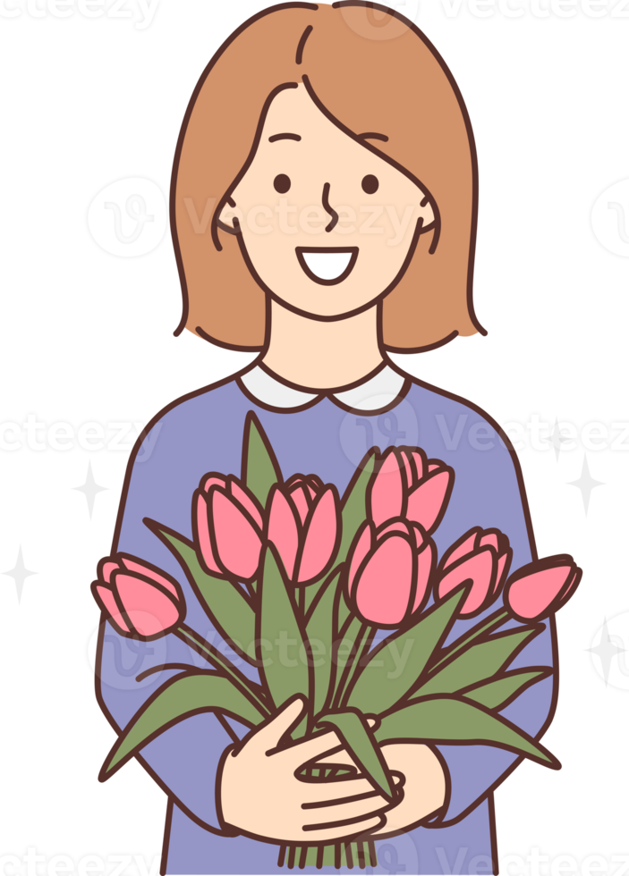 Smiling girl with flowers in hands png