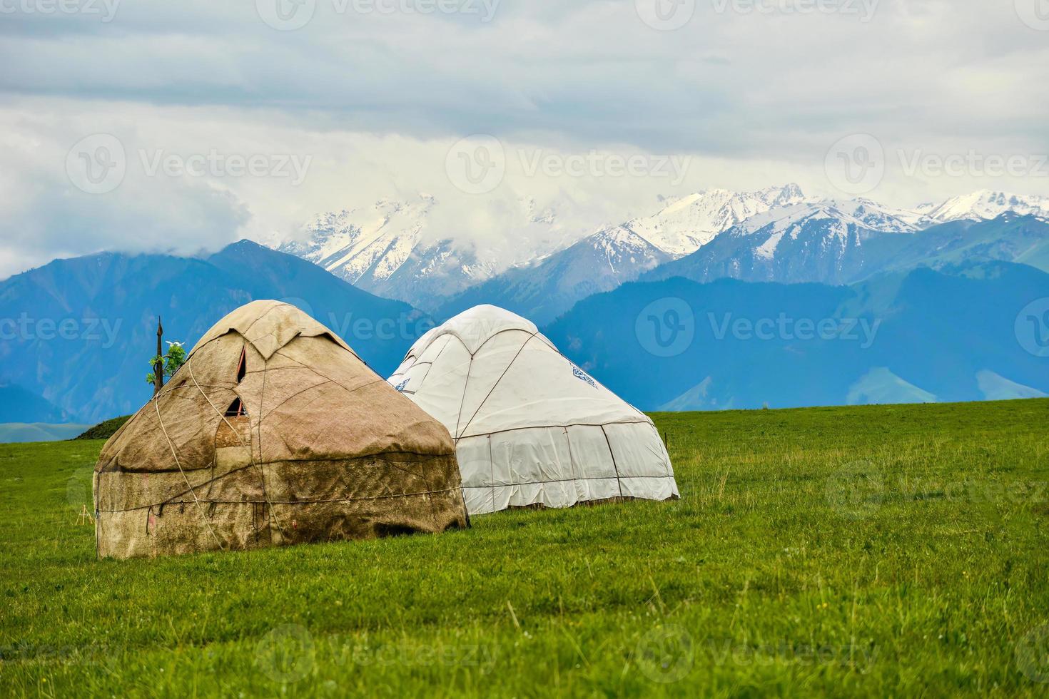 Kazakh felt houses on the Kalajun prairie in Xinjiang photo