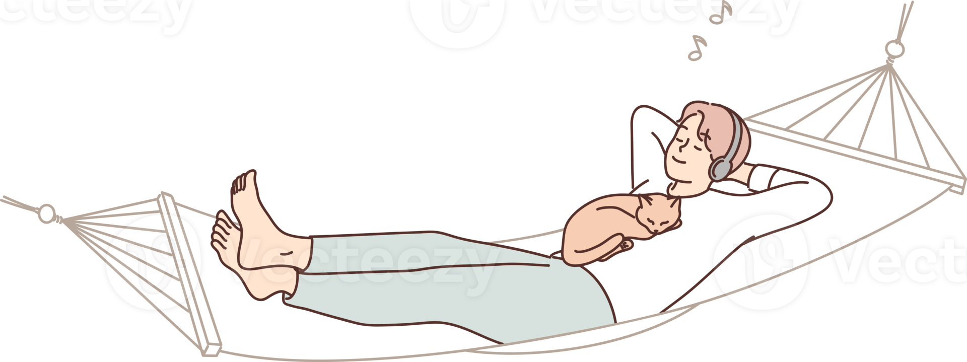 Guy lying with cat in hammock listen to music png