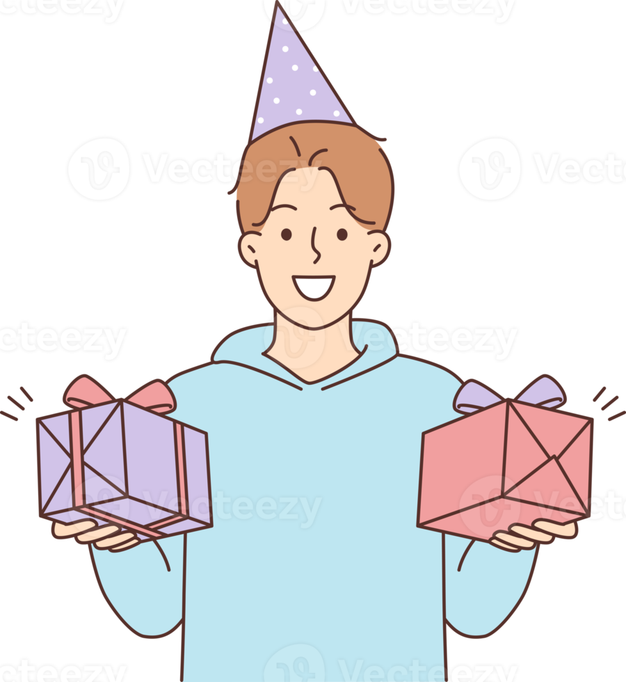 Smiling man holding birthday presents in hands png