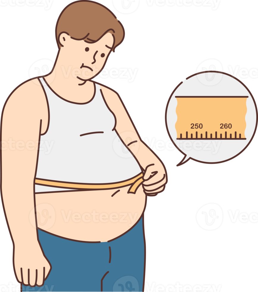 Unhappy fat man measure belly with tape png