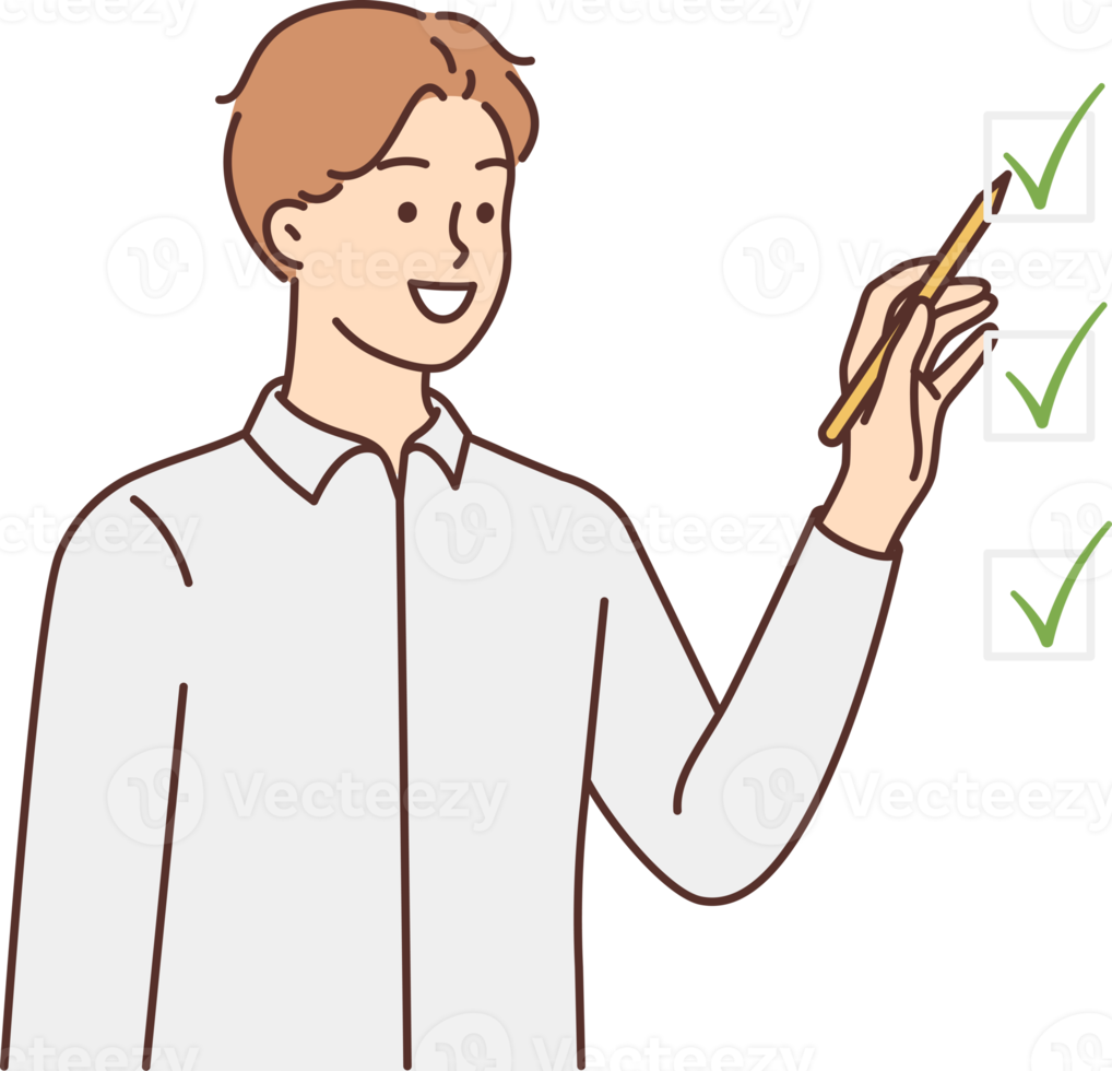Smiling man check boxes accomplish tasks png