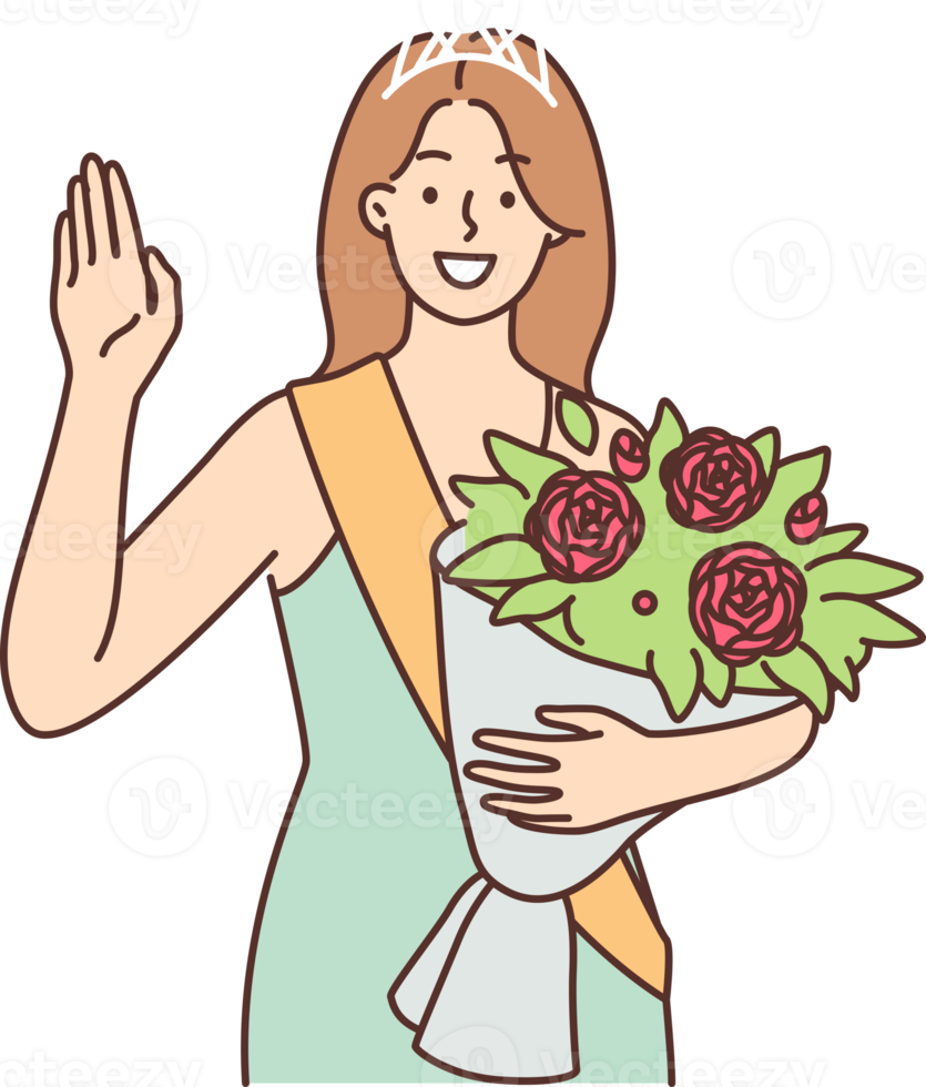 Woman beauty queen with gift bouquet of flowers waving hand thanking judge and audience png