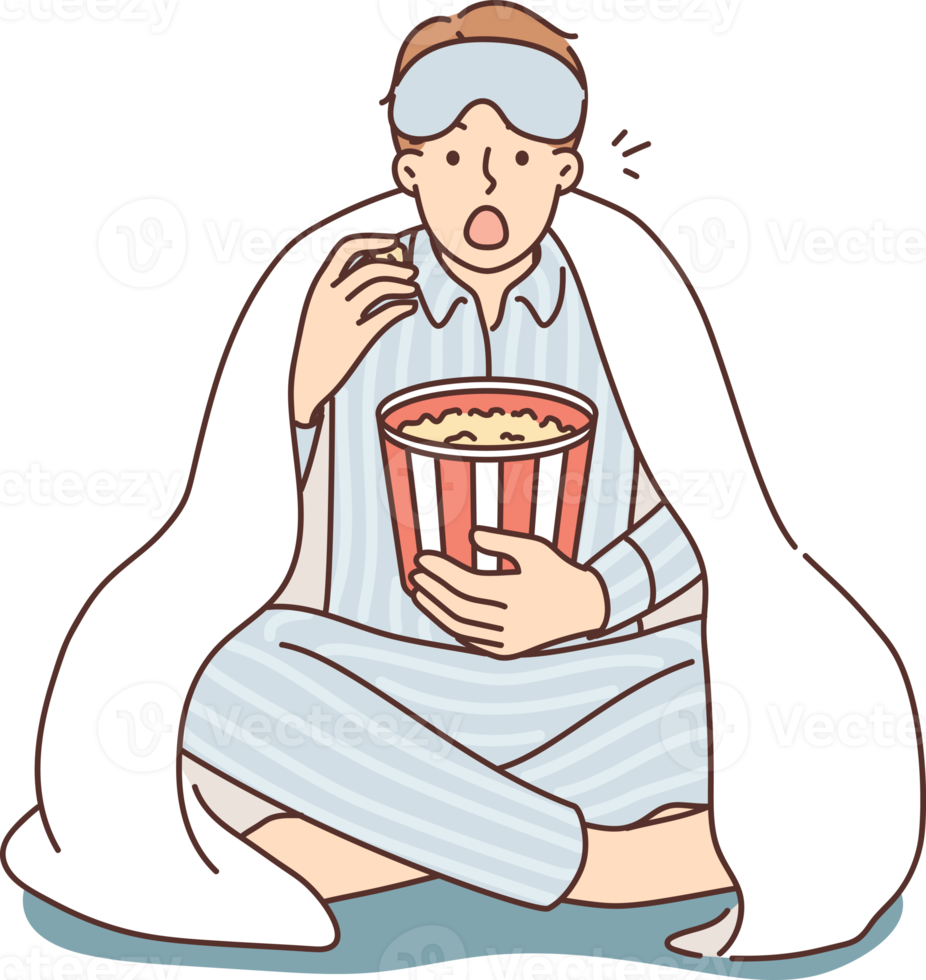 Man in pajama eat popcorn watch movie png