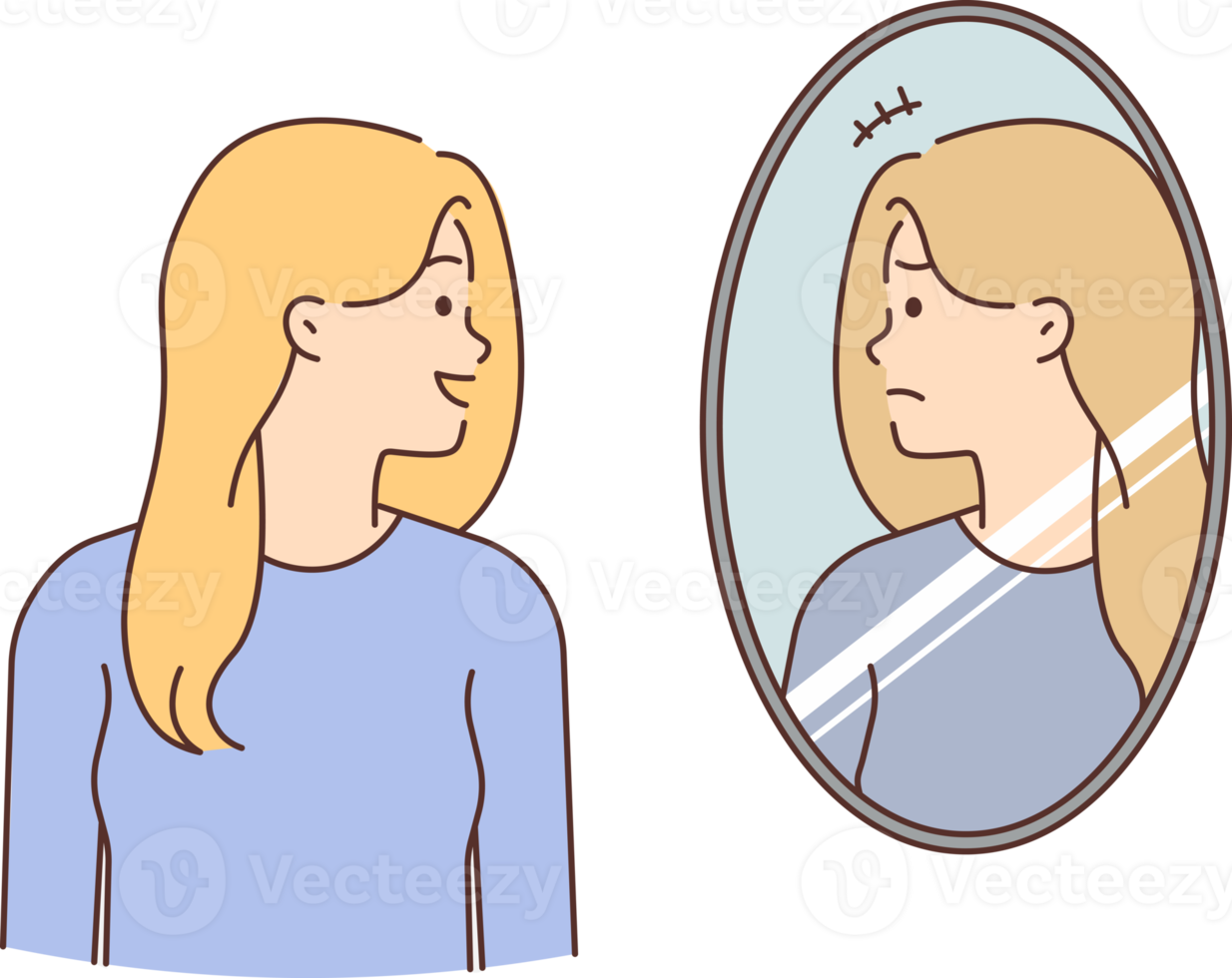 Smiling woman look in mirror see unhappy face png