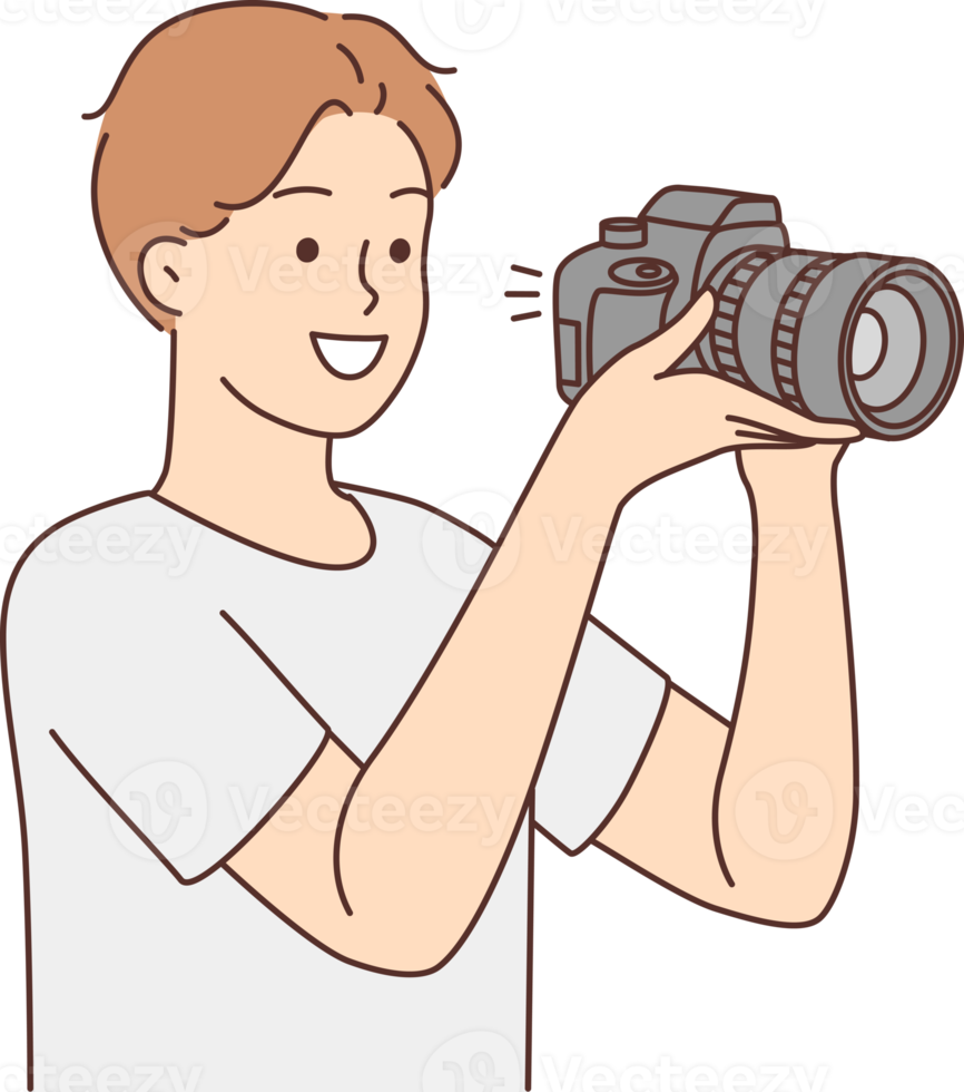 Smiling man with camera taking pictures png