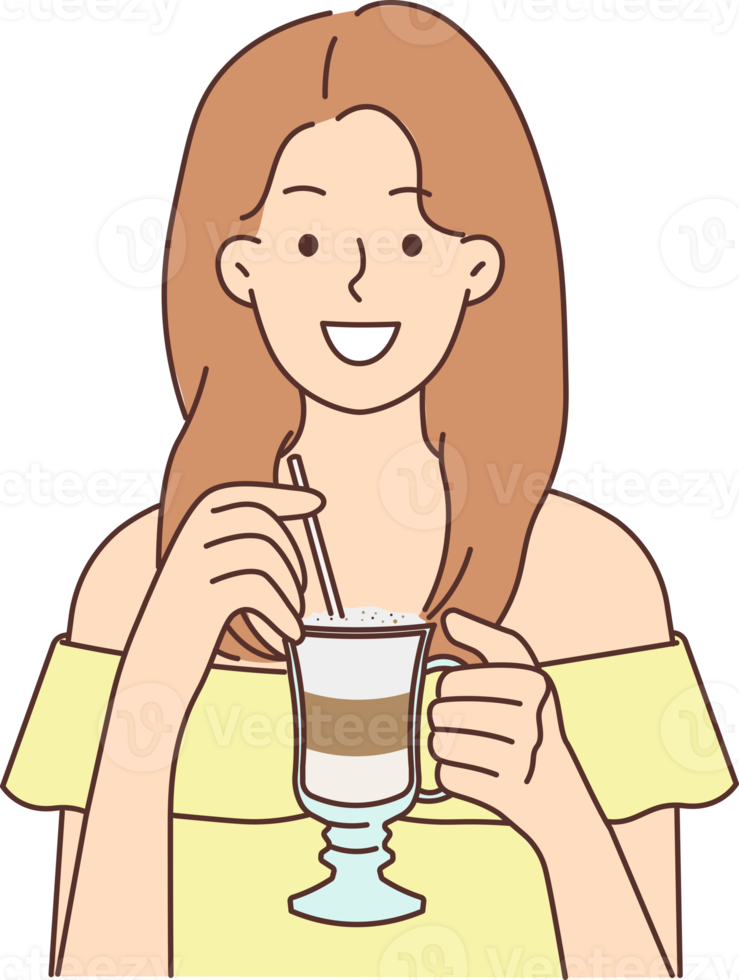 Smiling woman drinking late coffee with straw png